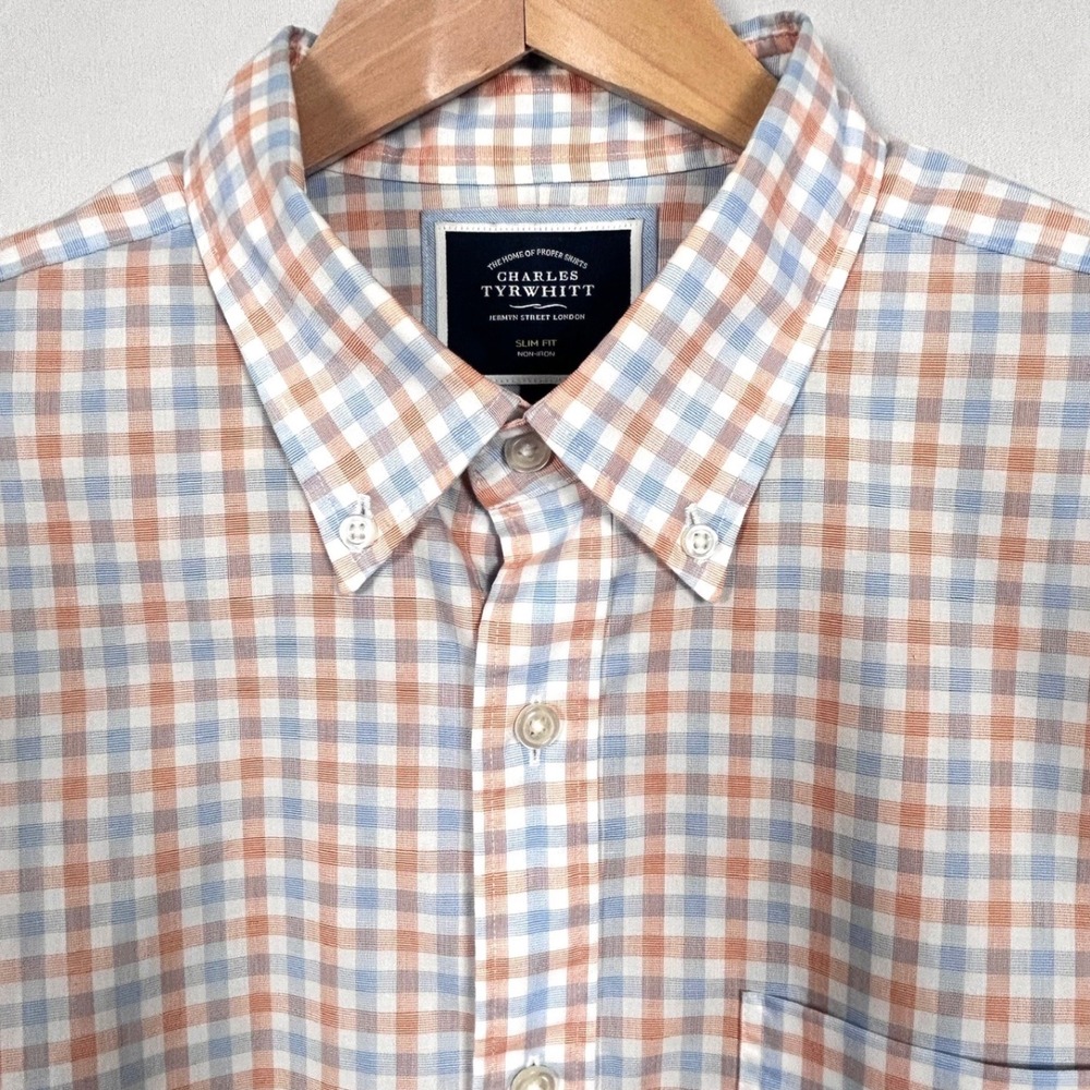 Charles Tyrwhitt Shirt Mens L Slim Fit Cotton Non-Iron Gingham Blue Orange White